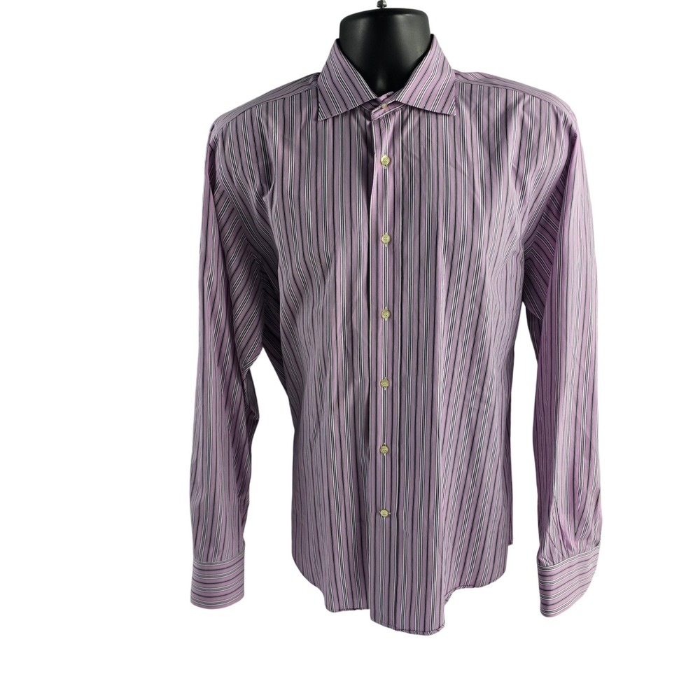 Etro Milano Mens Pink Purple Black‎ Stripe Dress Shirt 41 Italy Large/XL